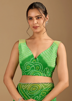 Parrot Green Chiffon Saree Blouse Close Up - Scalloped Lace Detailing