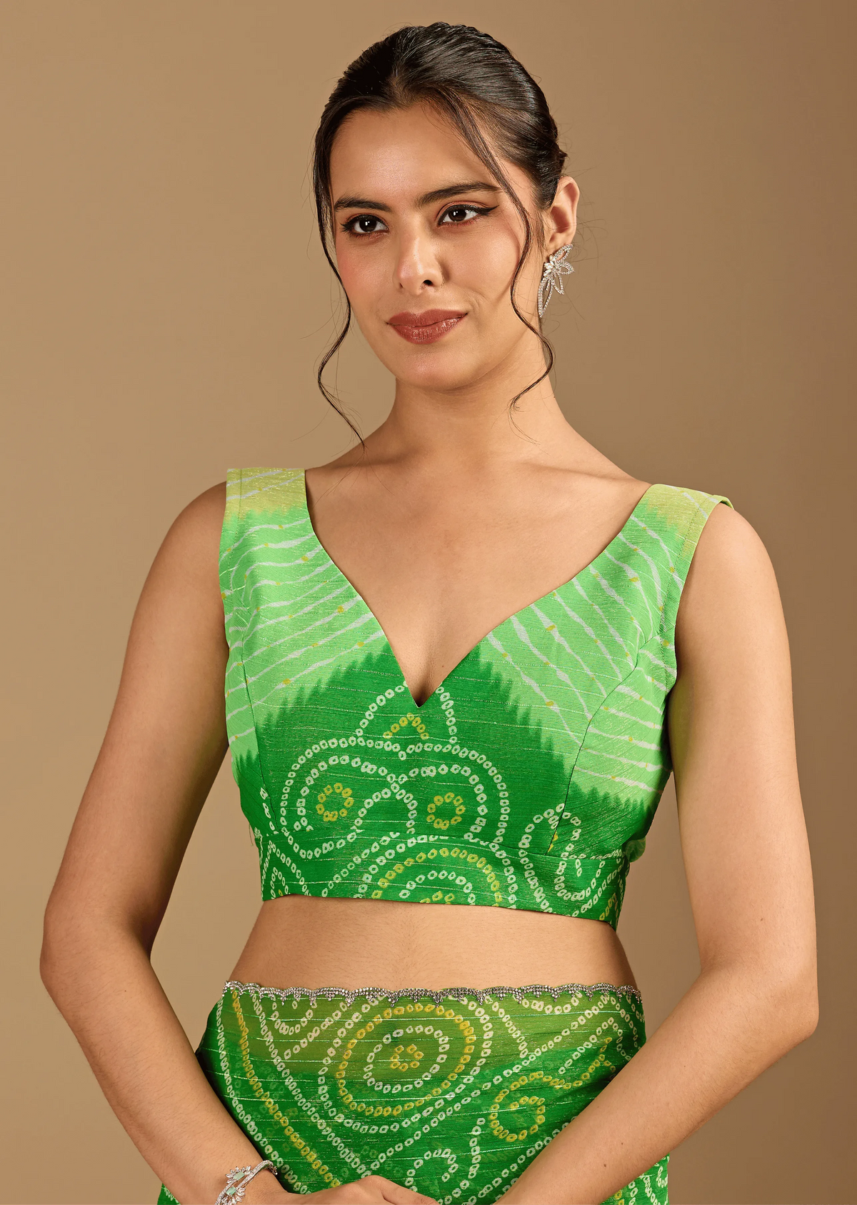 Parrot Green Chiffon Saree Blouse Close Up - Scalloped Lace Detailing