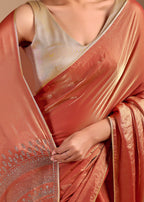 Peach Orange Organza Saree with Stone Work Border & Metallic Sheen