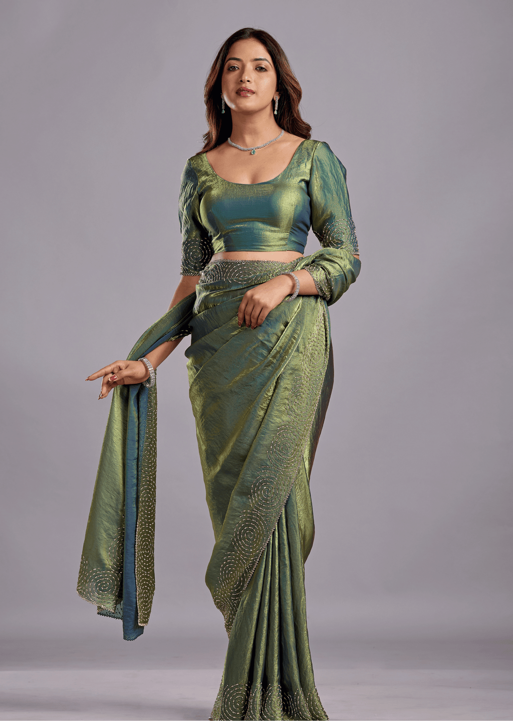 Olive Green Tissue Silk Saree With Crystal Spiral Work