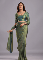 Olive Green Tissue Silk Saree With Crystal Spiral Work