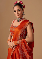 Burnt Orange Tissue Silk Saree With Rhinestone Border