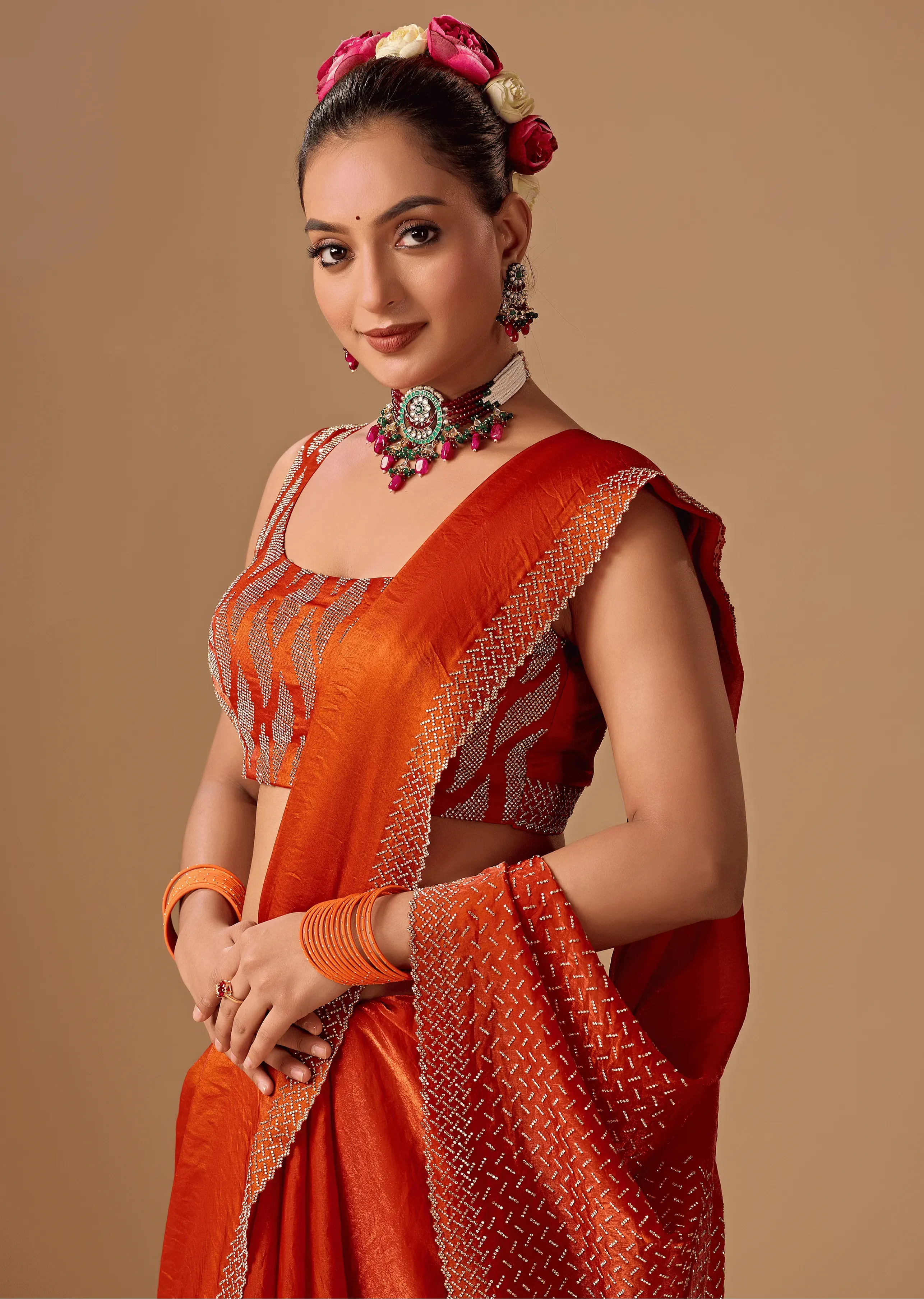 Burnt Orange Tissue Silk Saree With Rhinestone Border