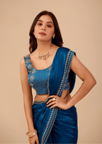 Ocean Blue Tissue Silk Saree With Crystal Border Work