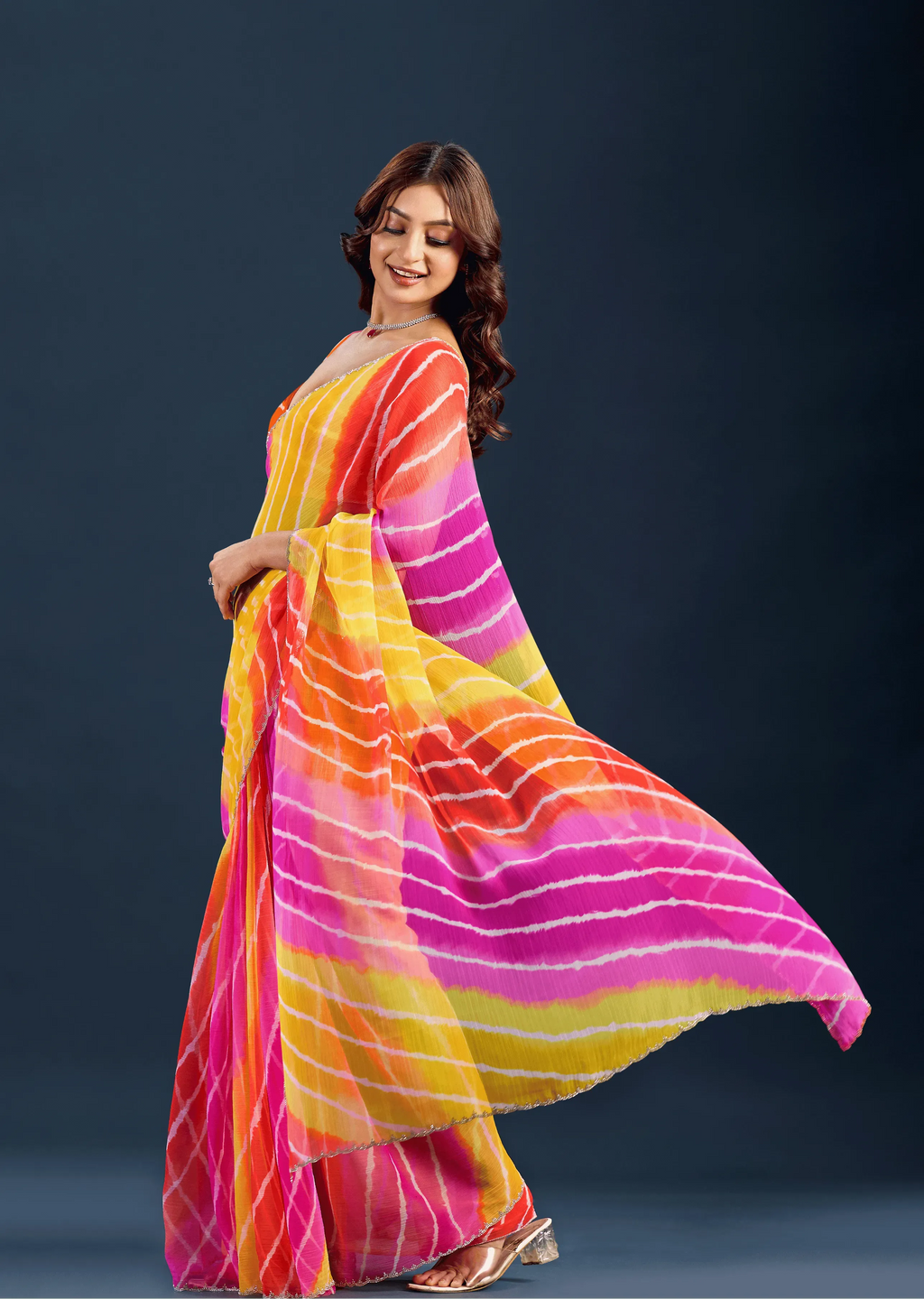Orange Chiffon Saree With Leheriya Print
