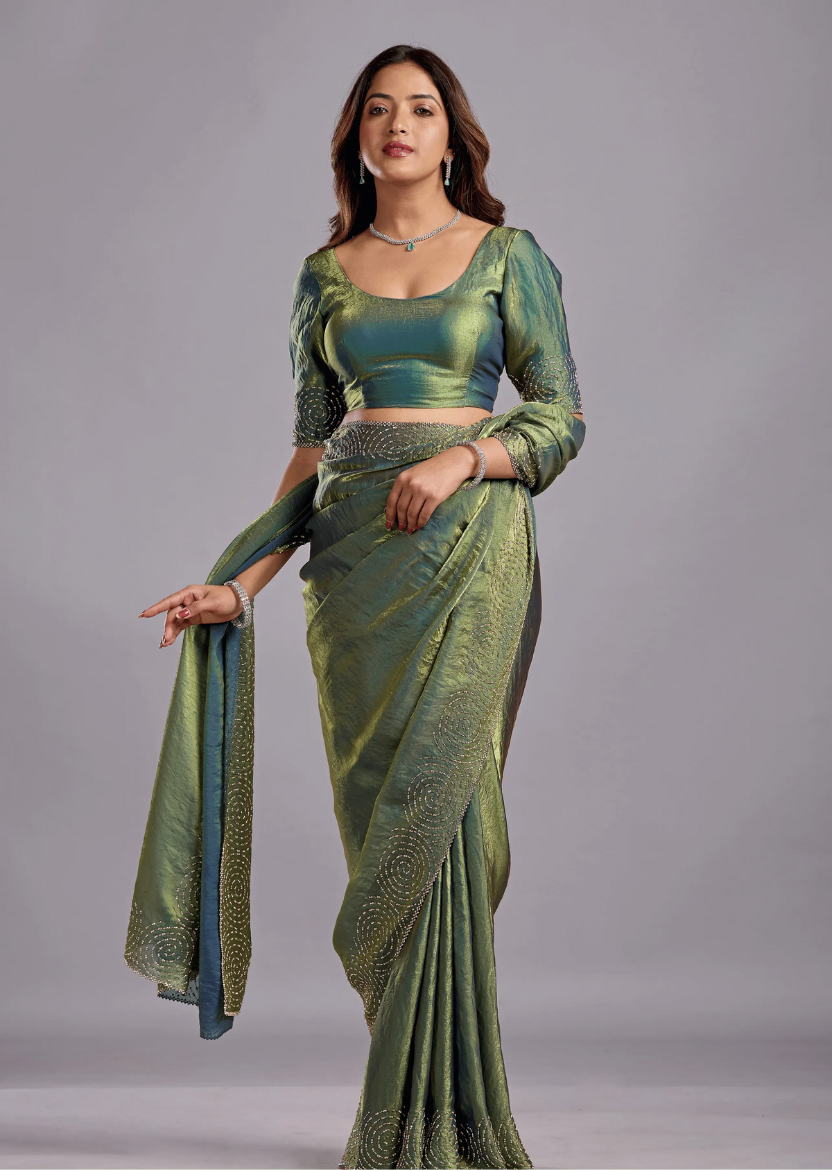 Olive Green Tissue Silk Saree With Crystal Spiral Work