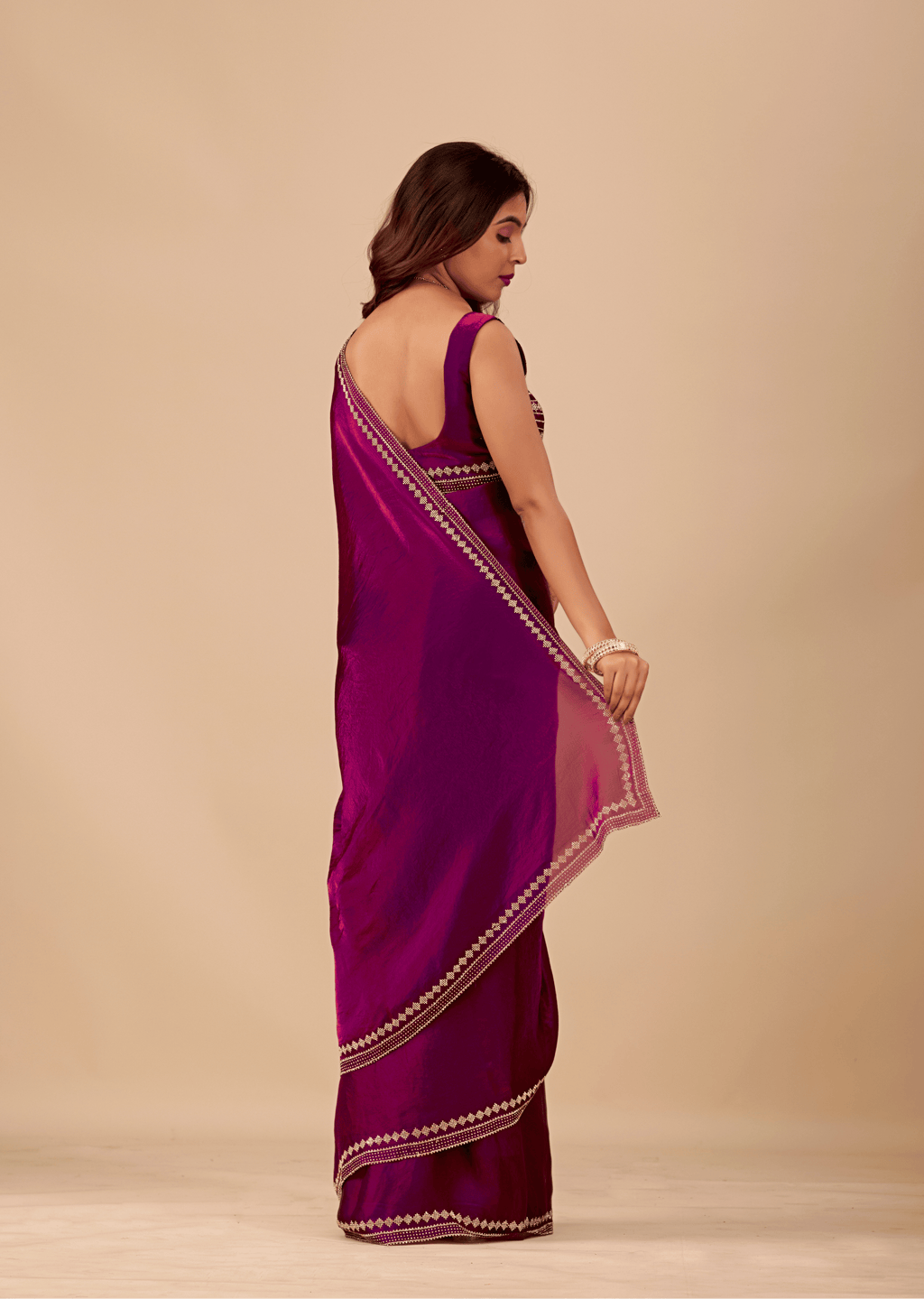 Royal Purple Tissue Silk Saree With Crystal Border Work