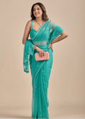 Sea Green Chiffon Saree With Floral Embroidery