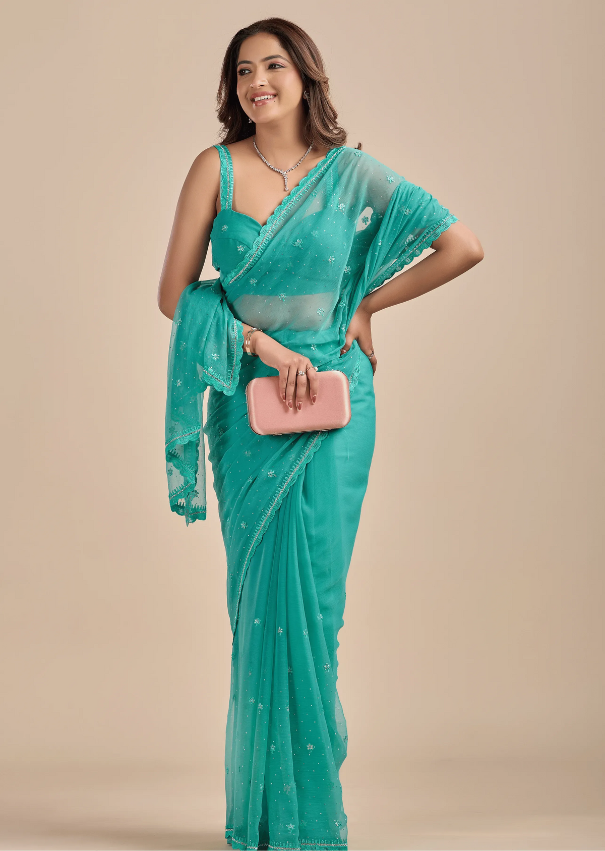 Sea Green Chiffon Saree With Floral Embroidery