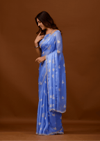 Sky Blue Organza Silk Saree With Heart Print & Stone Work