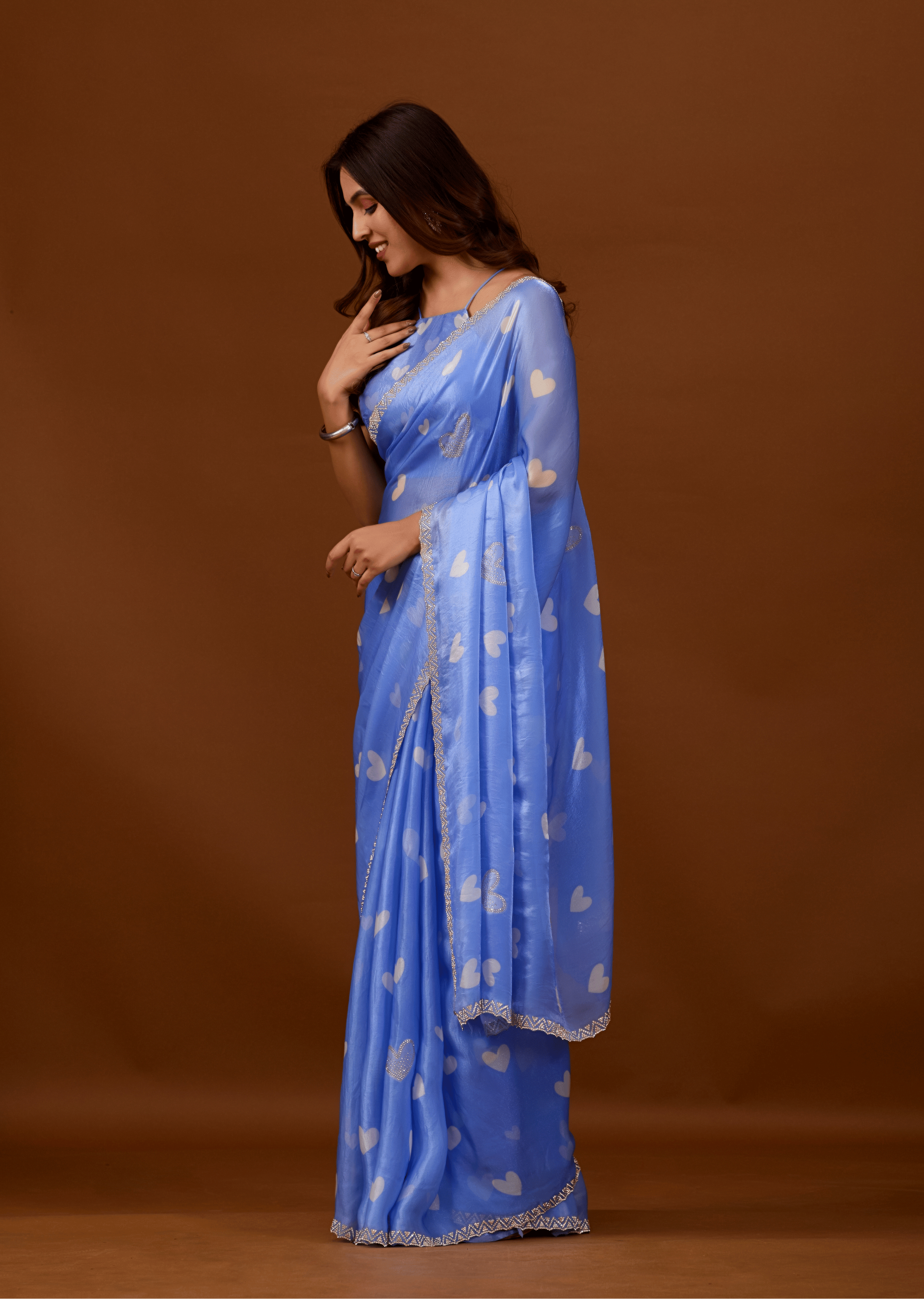 Sky Blue Organza Silk Saree With Heart Print & Stone Work