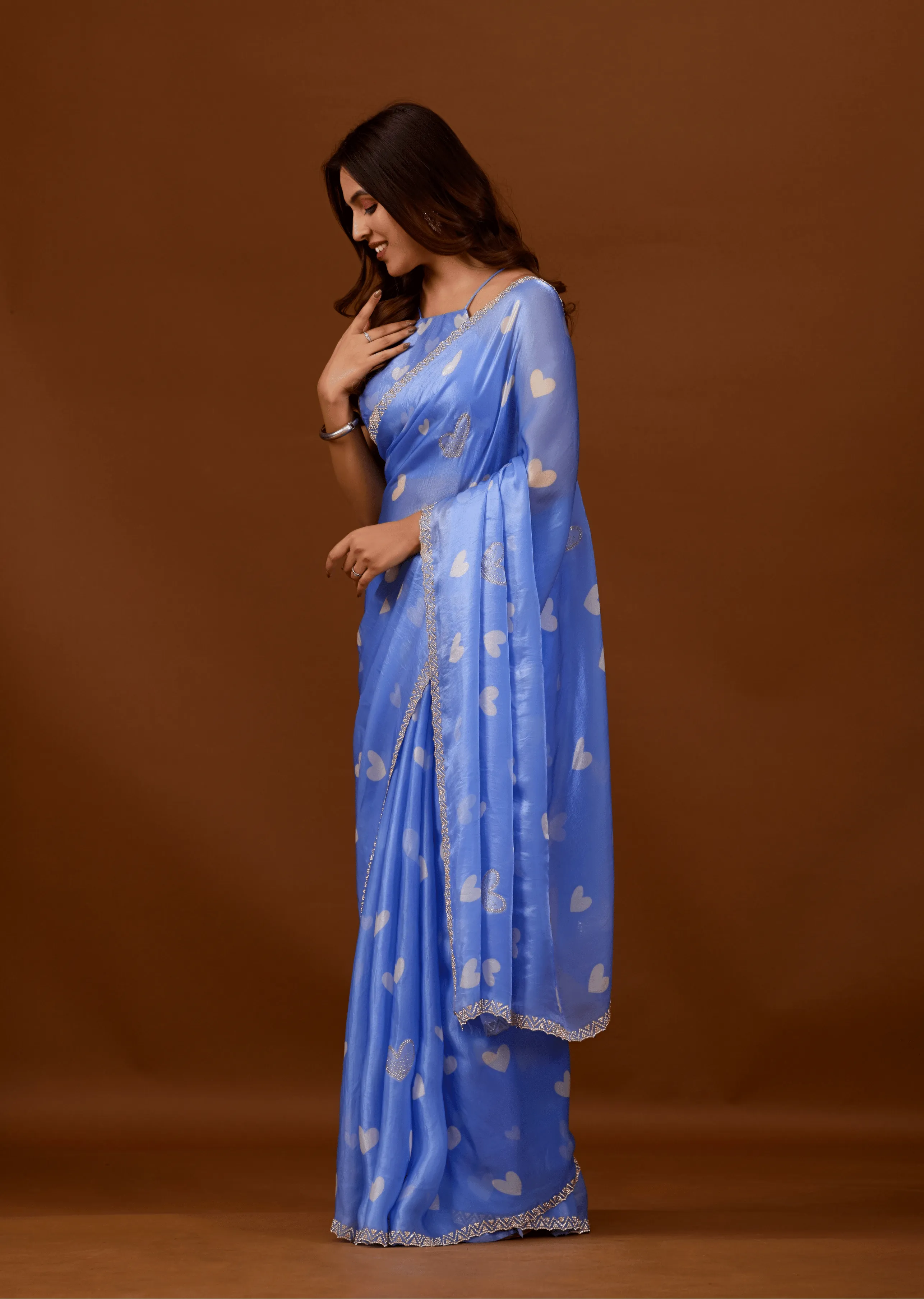 Sky Blue Organza Silk Saree Side Pose - Party Wear Saree