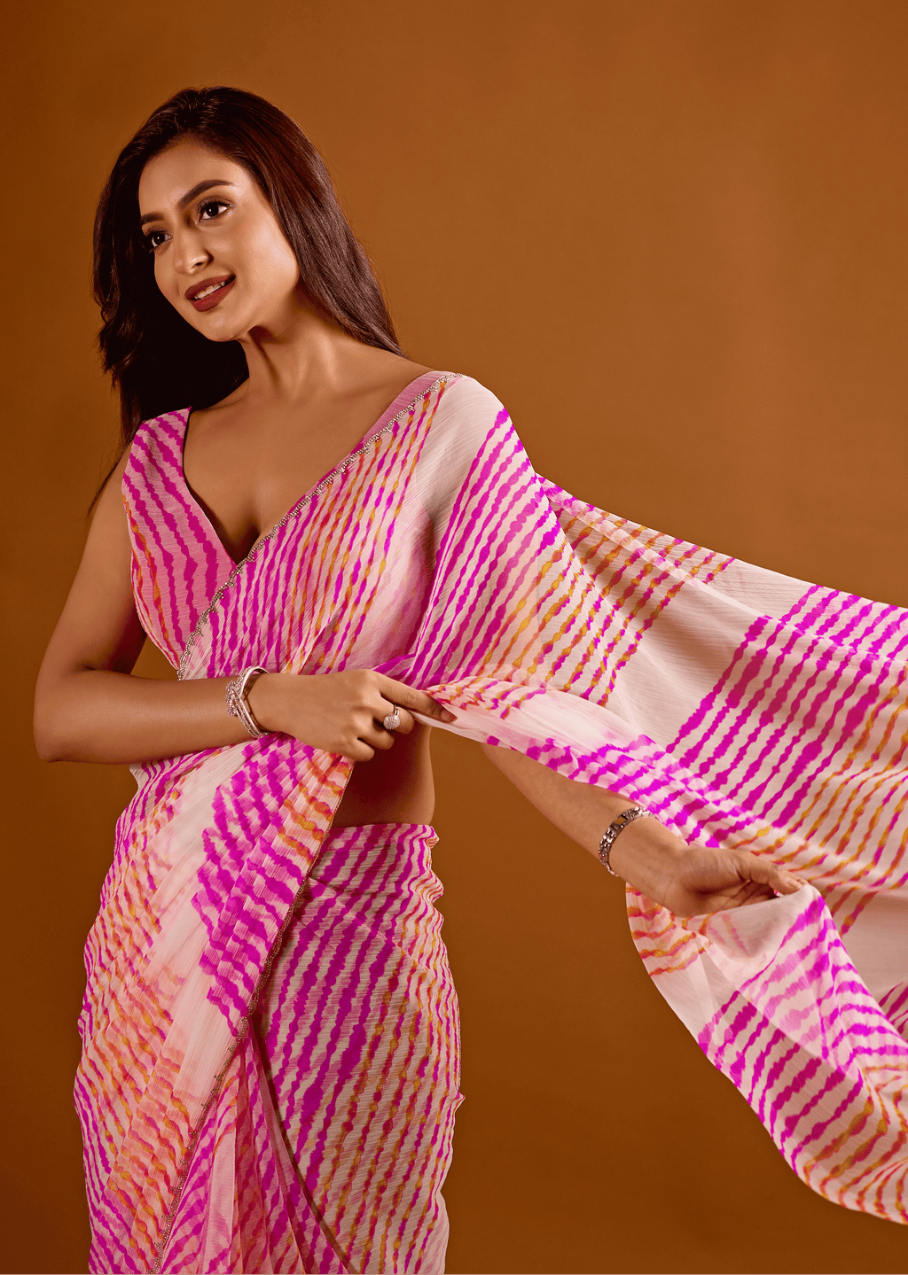Rani Pink Chiffon Saree With Leheriya Print