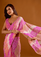 Beautiful white and pink striped Leheriya saree
