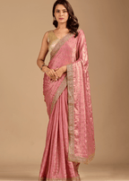 Rose Pink Tissue Silk Saree With Crystal Stone Border