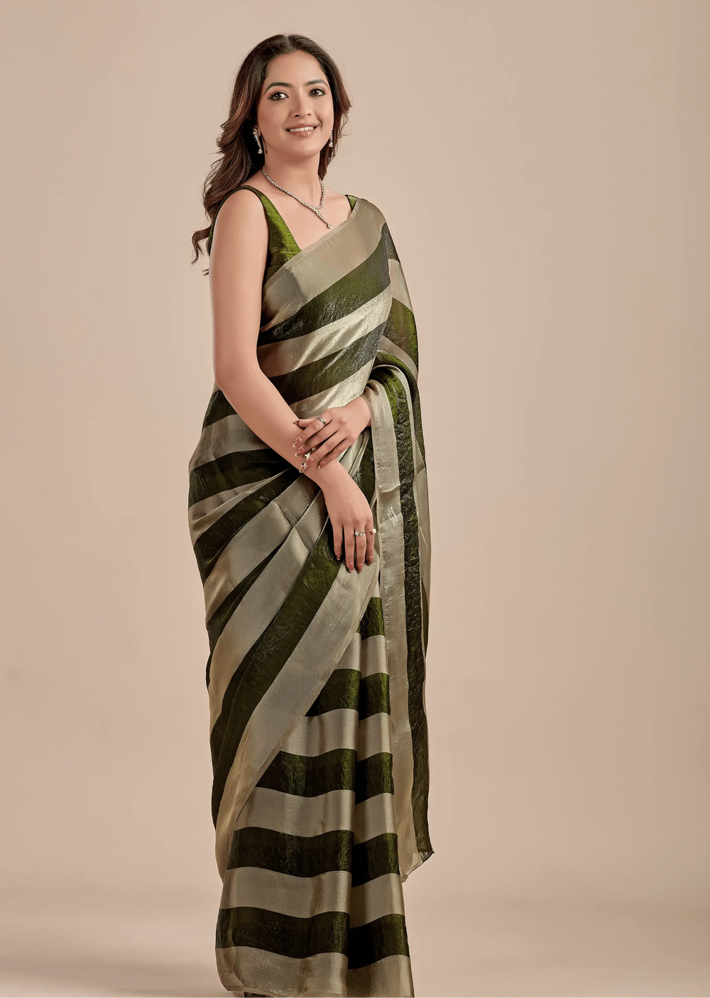 Olive Green Tissue Silk Saree With Metallic Stripe Weave - Front Look | Buy Online Ethnic9