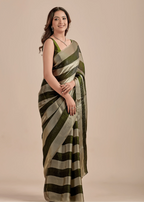 Olive Green Tissue Silk Saree With Metallic Stripe Weave - Front Look | Buy Online Ethnic9