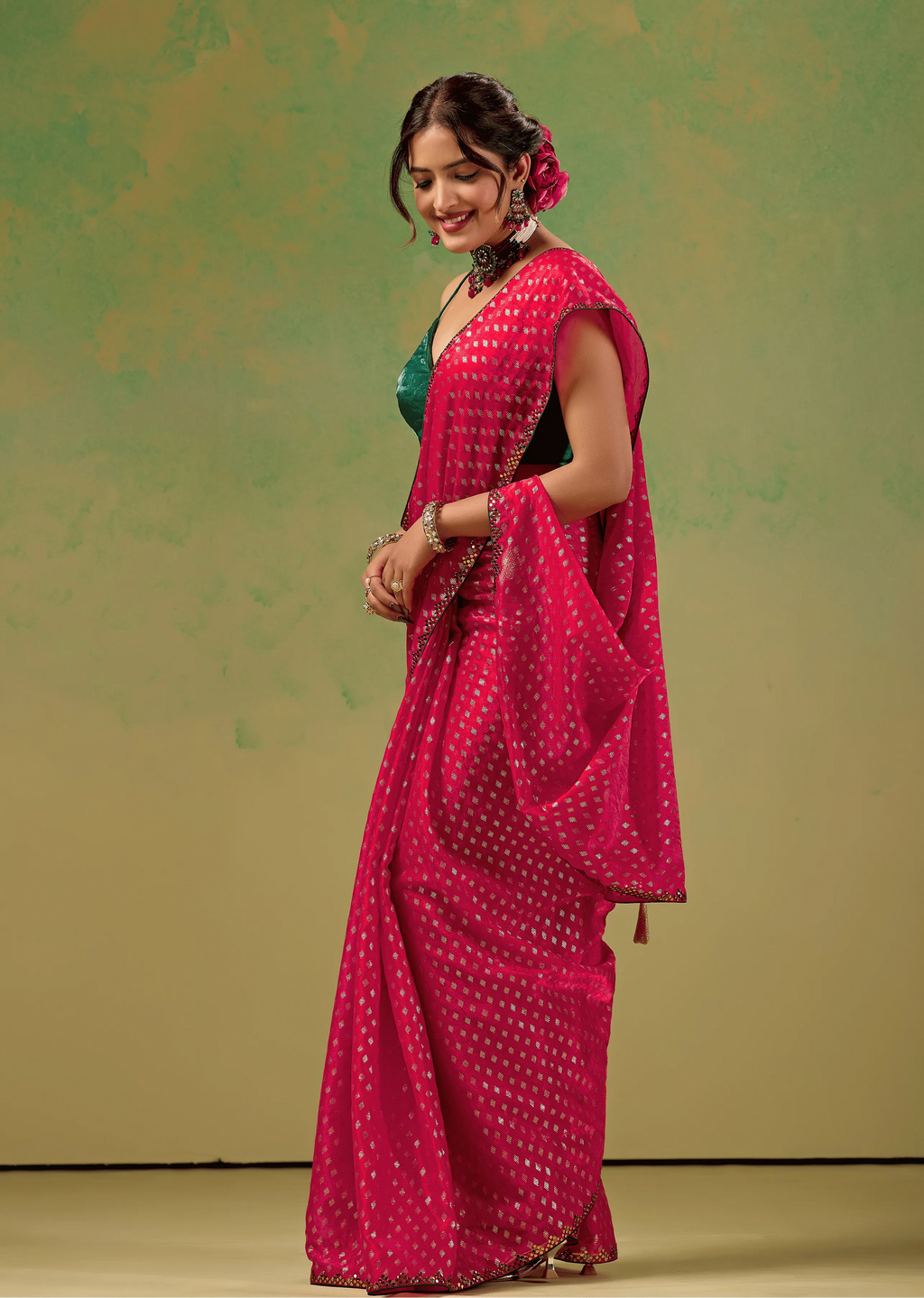  Rani Pink Tissue Silk Saree Draped Look - Foil Butti Work Design