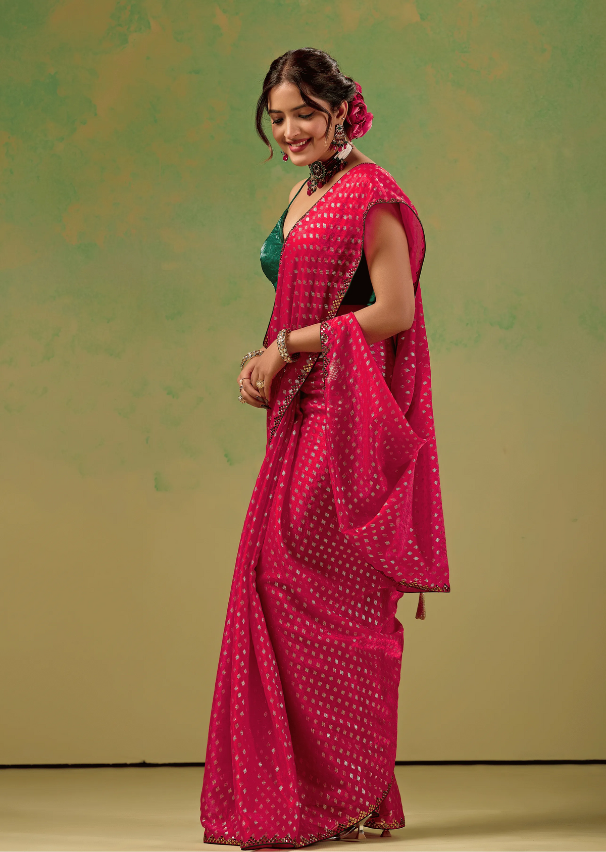  Rani Pink Tissue Silk Saree Draped Look - Foil Butti Work Design
