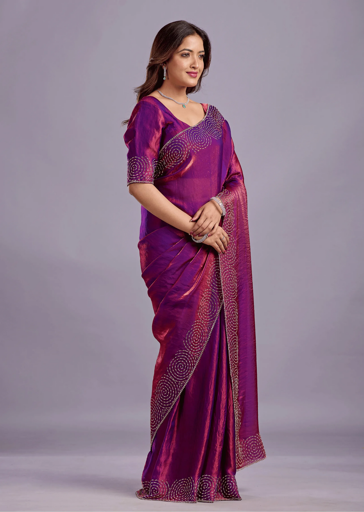 Magenta Tissue Silk Saree With Crystal Spiral Work