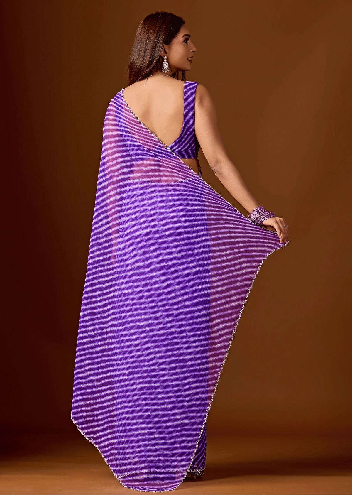 Royal Purple Chiffon Saree Back Pose - Stone Work Detail