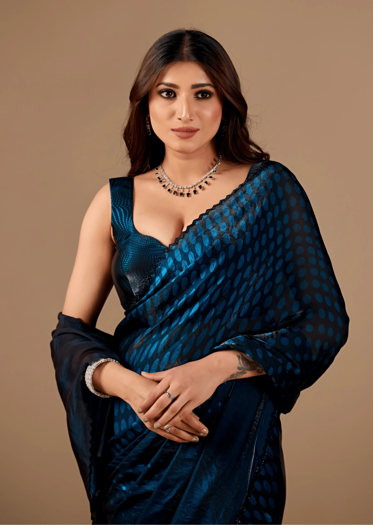 Navy Blue Organza Silk Saree Standing Look - Festive Wear Saree