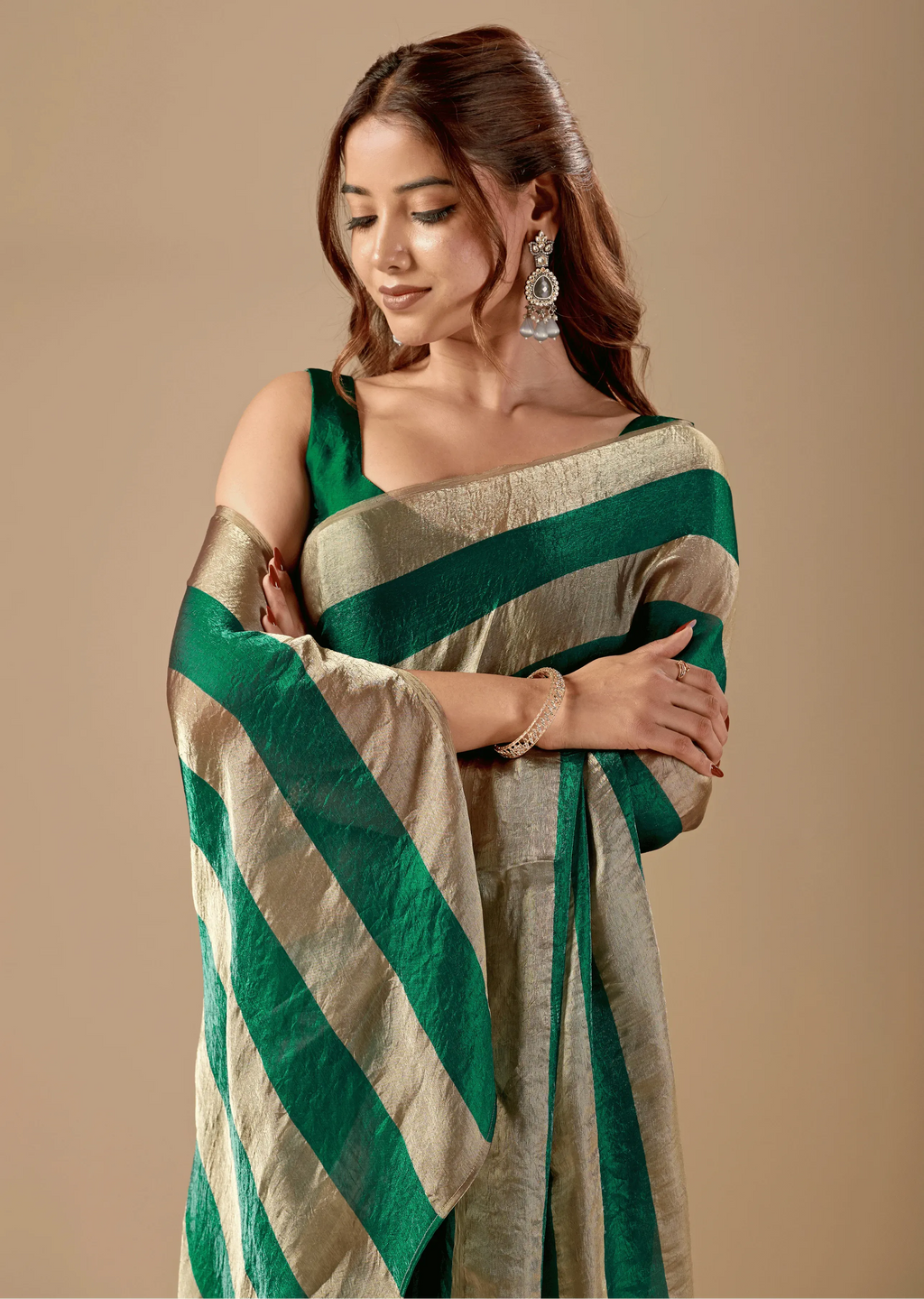 Emerald Green Tissue Silk Saree With Metallic Stripe Weave