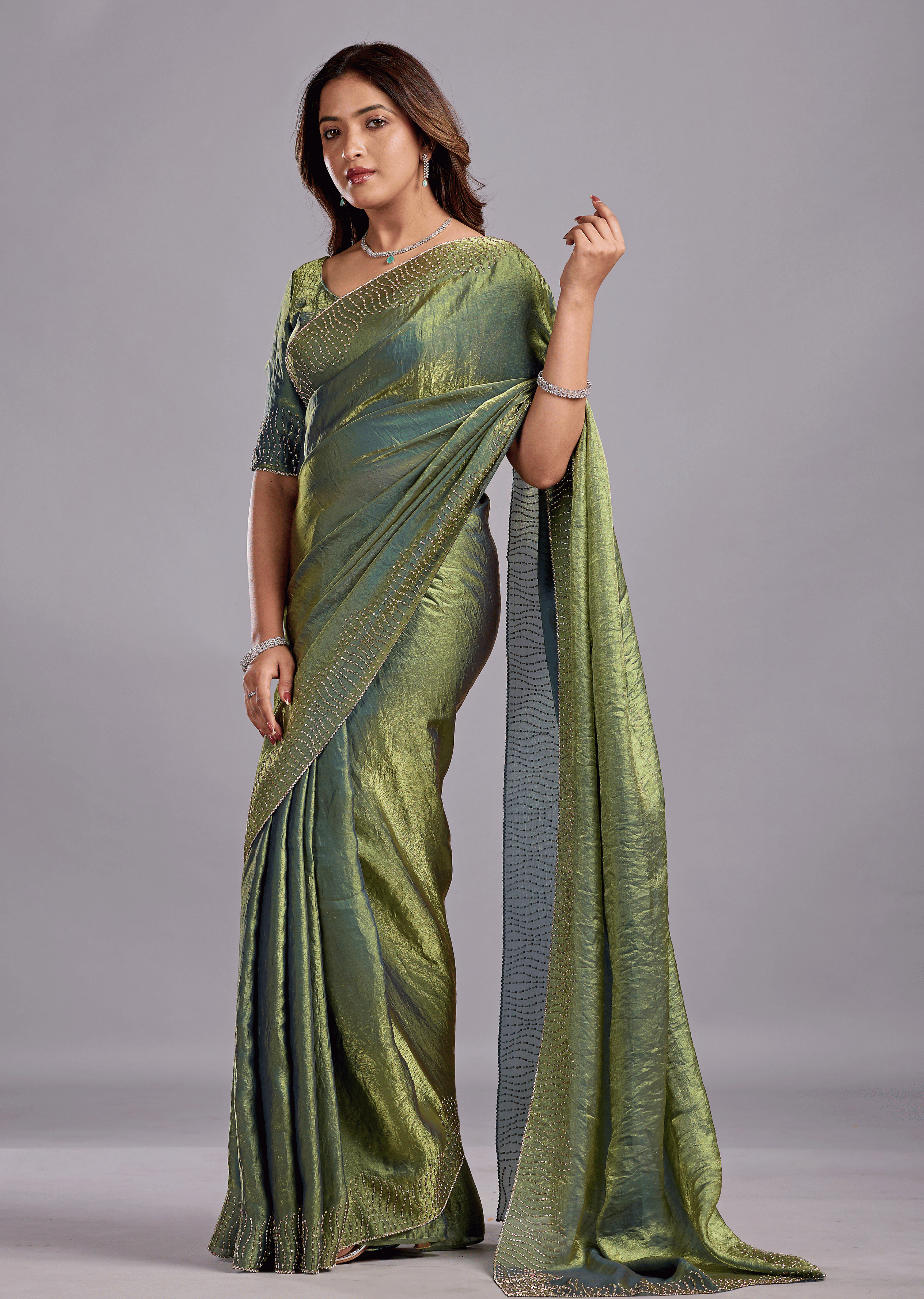 Olive Green Tissue Silk Saree With Stone Work