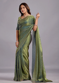 Olive Green Tissue Silk Saree With Stone Work - Front Look | Buy On Ethnic9