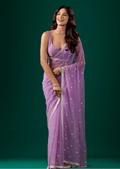 Lavender Chiffon Saree With Floral Embroidery