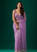 Lavender Chiffon Saree With Floral Embroidery - Front Look | Buy Online Ethnic9