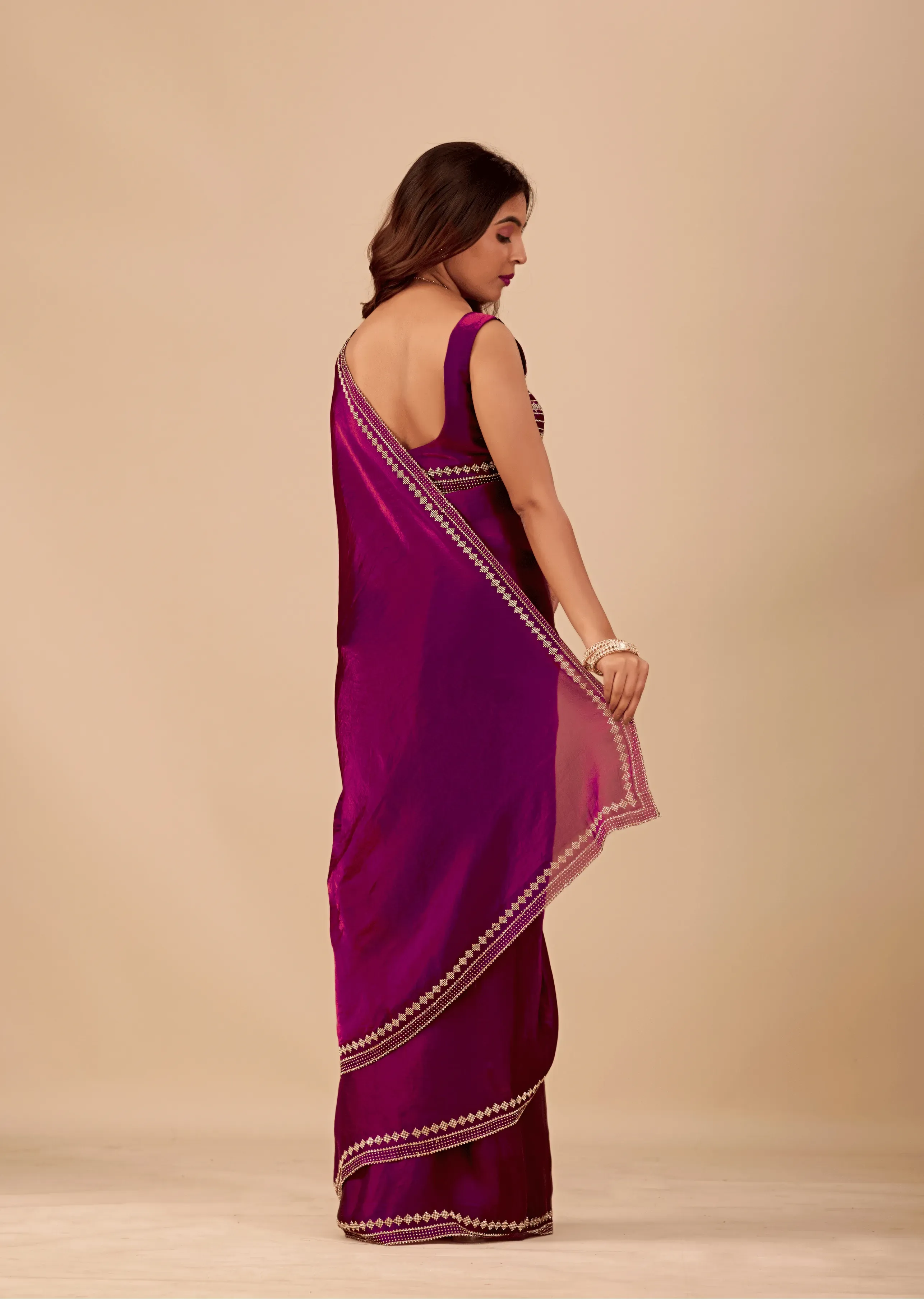 Royal Purple Tissue Silk Saree With Crystal Border Work