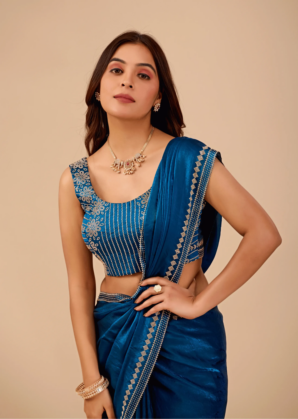 Ocean Blue Tissue Silk Saree With Crystal Border Work