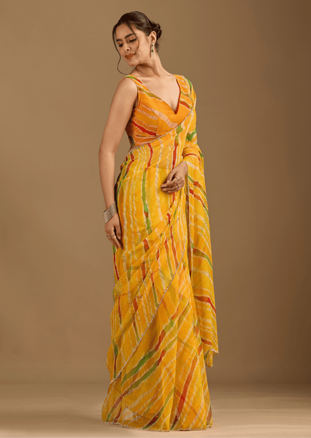 Mustard Yellow Chiffon Saree With Stone Work