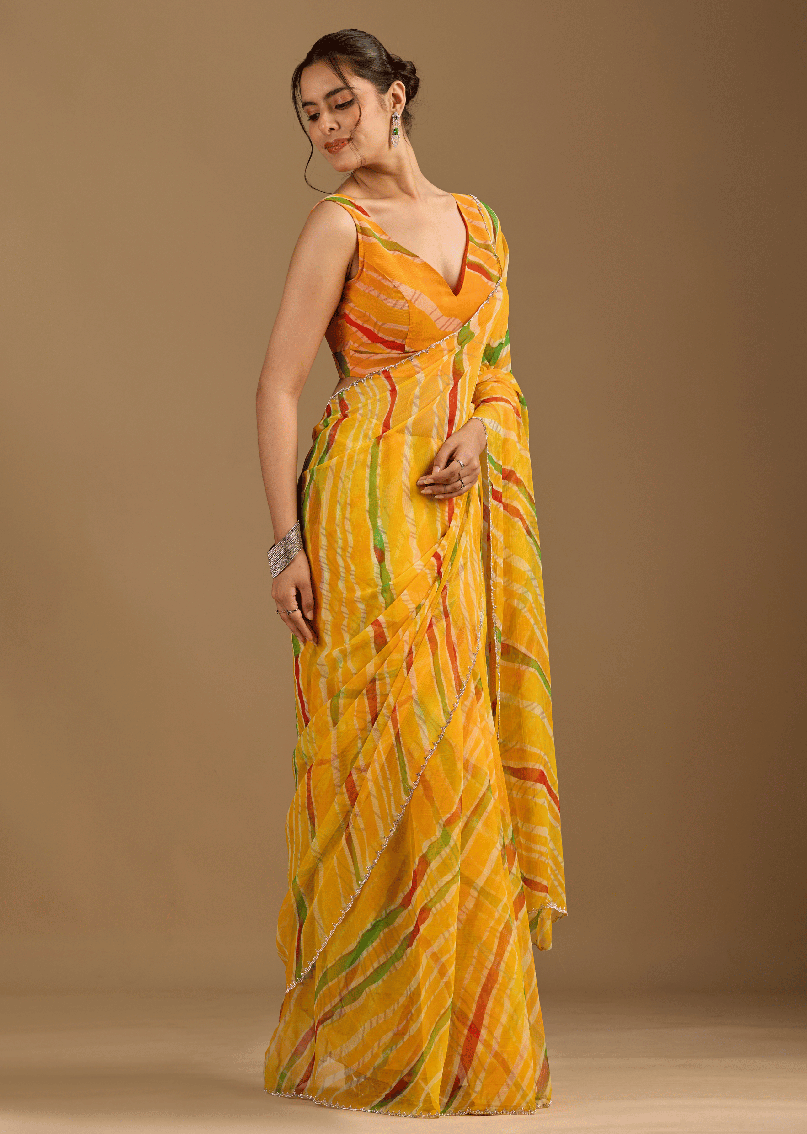 Mustard Yellow Chiffon Saree With Stone Work