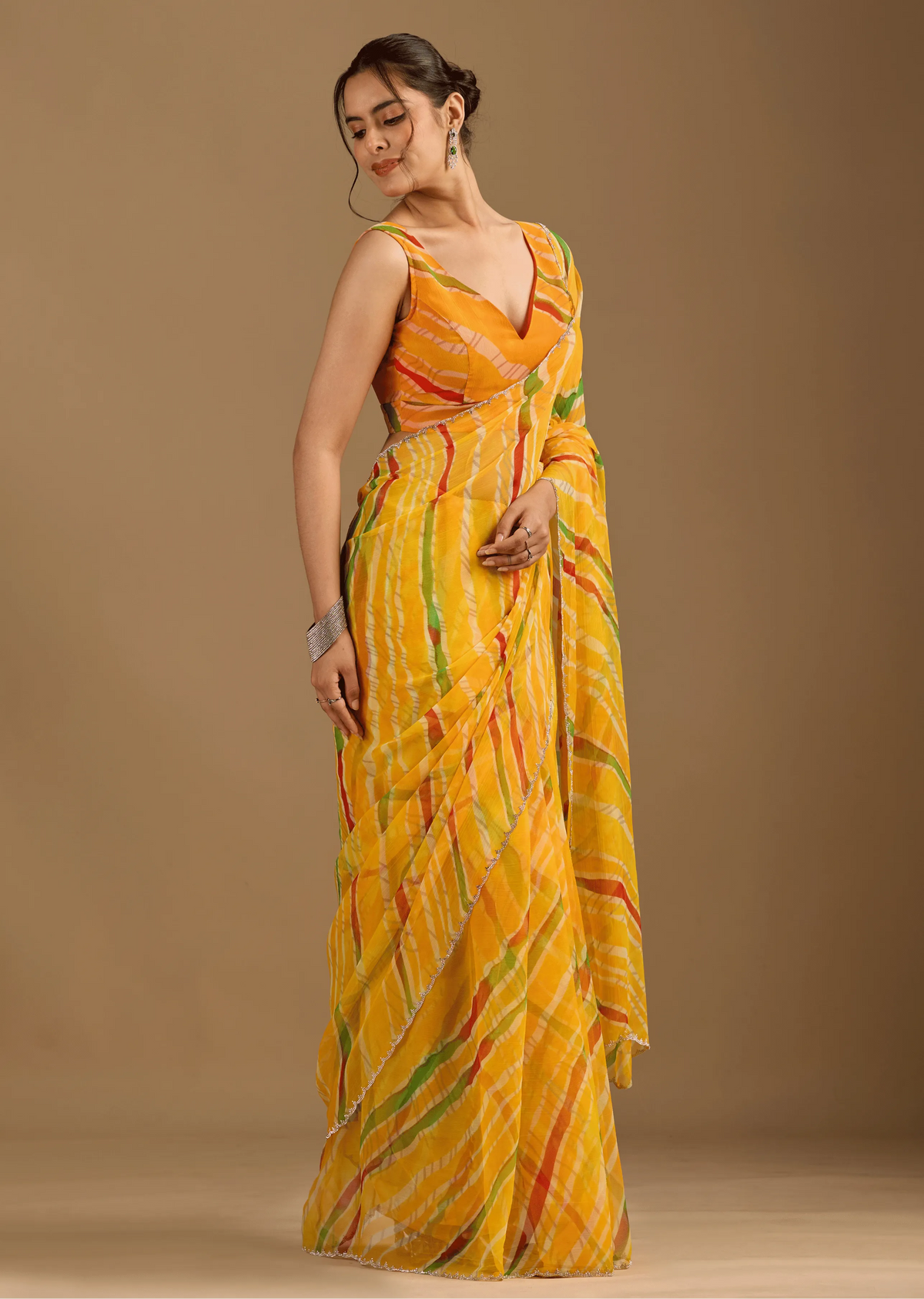 Mustard Yellow Chiffon Saree Side Pose - Festive Wear Saree