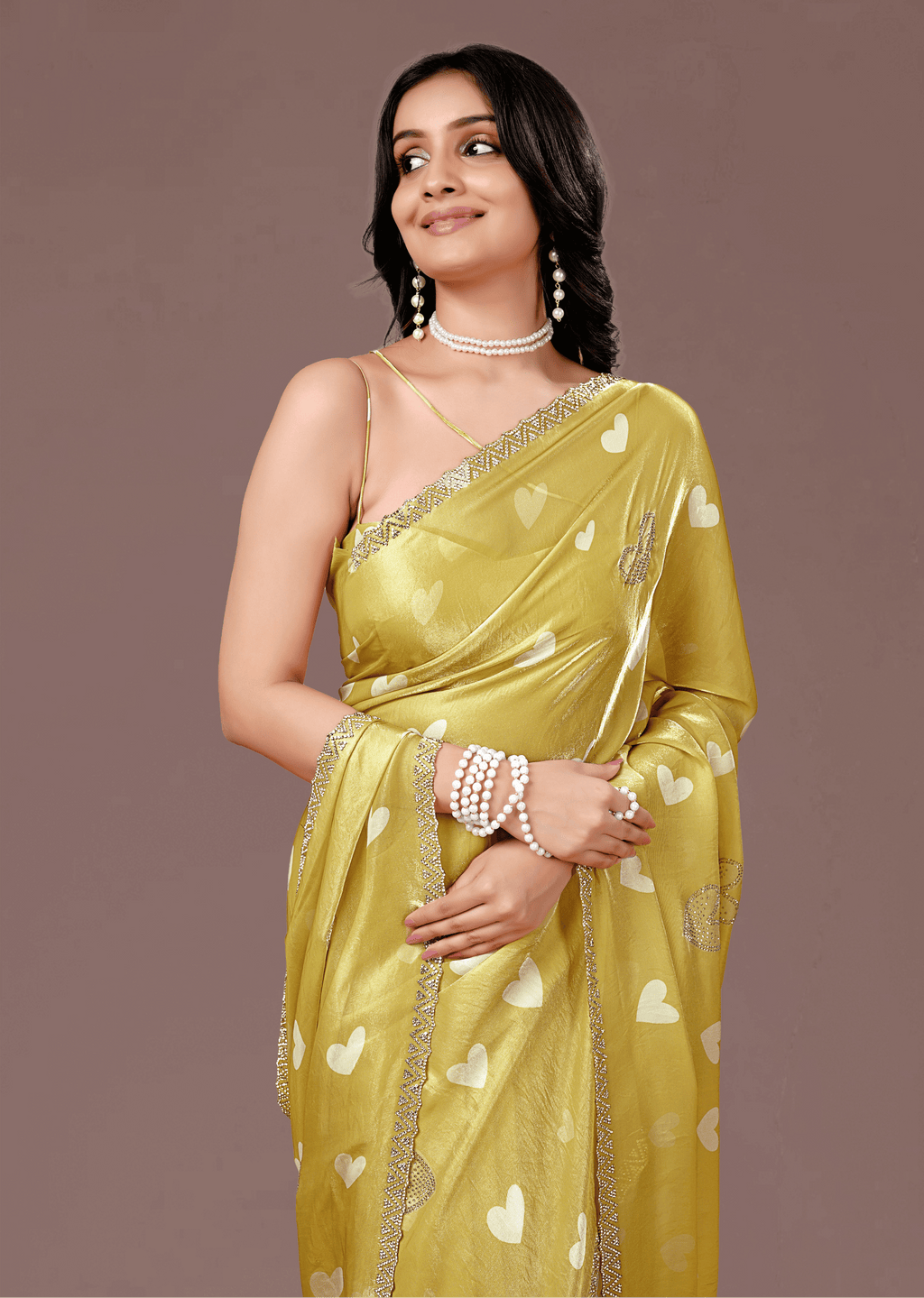 Mustard Yellow Organza Silk Saree With Heart Print