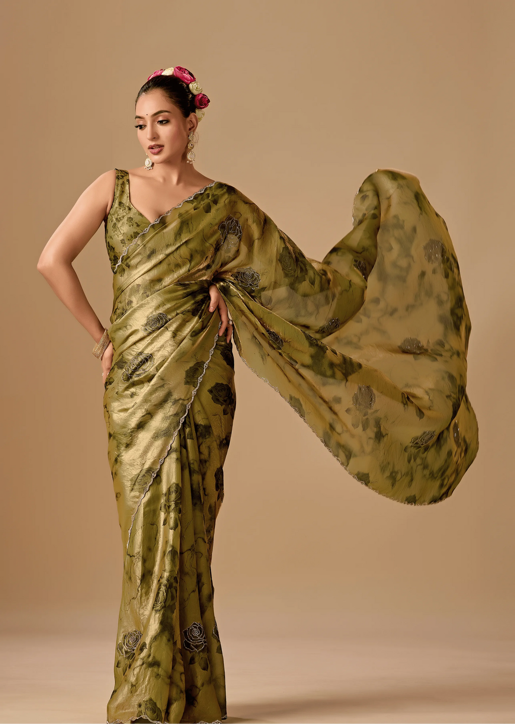 Olive Green Organza Silk Saree Side Pose - Floral Print Design