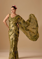 Olive Green Organza Silk Saree Side Pose - Floral Print Design