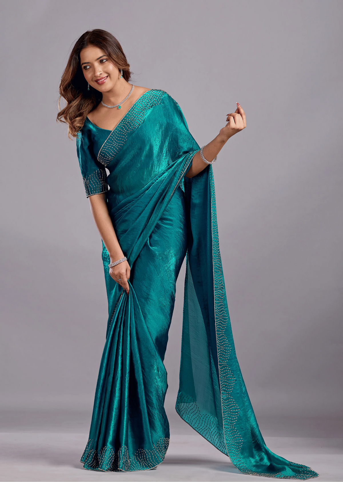 Teal Blue Tissue Silk Saree With Stone Work - Front Look | Buy On Ethnic9