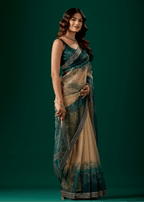 Teal Blue Organza Saree With Floral Print
