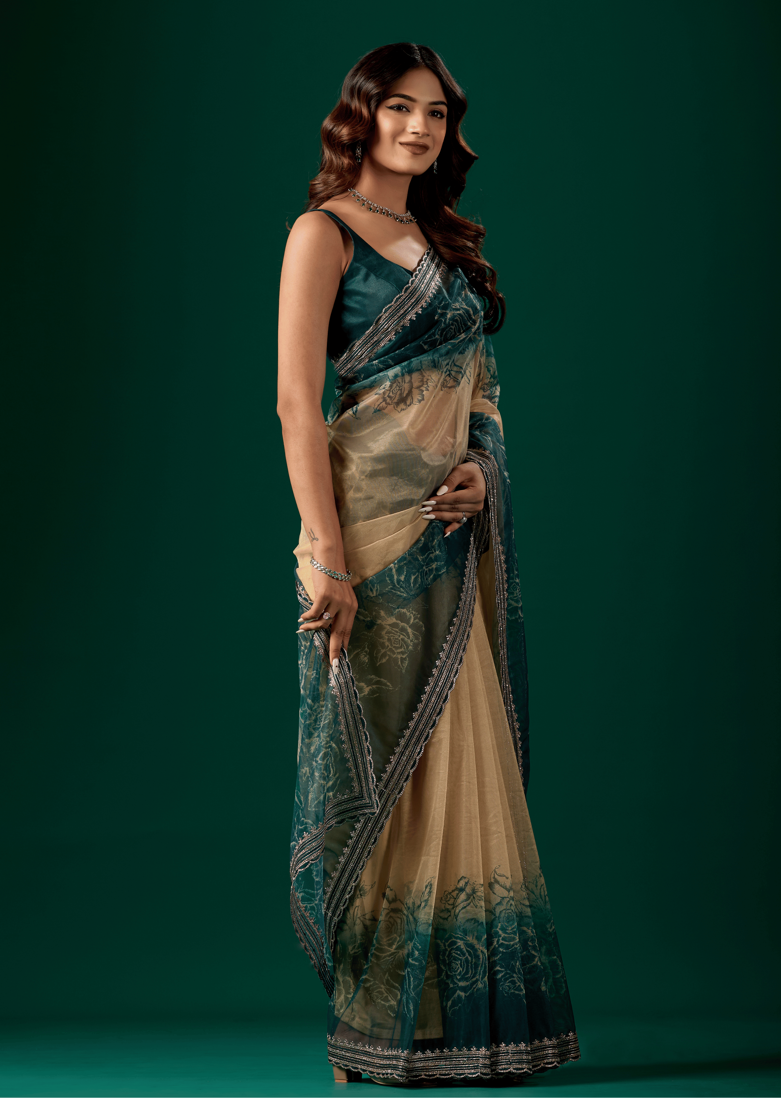 Teal Blue Organza Saree With Floral Print