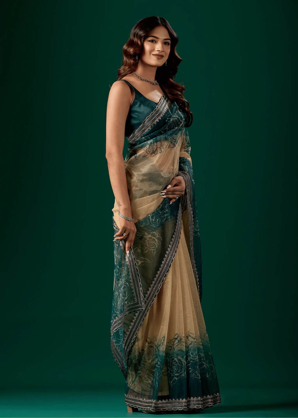 Teal Blue Organza Saree Standing Look - Party Wear Saree