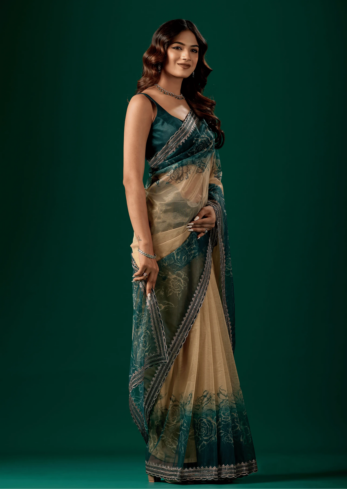Teal Blue Organza Saree Standing Look - Party Wear Saree