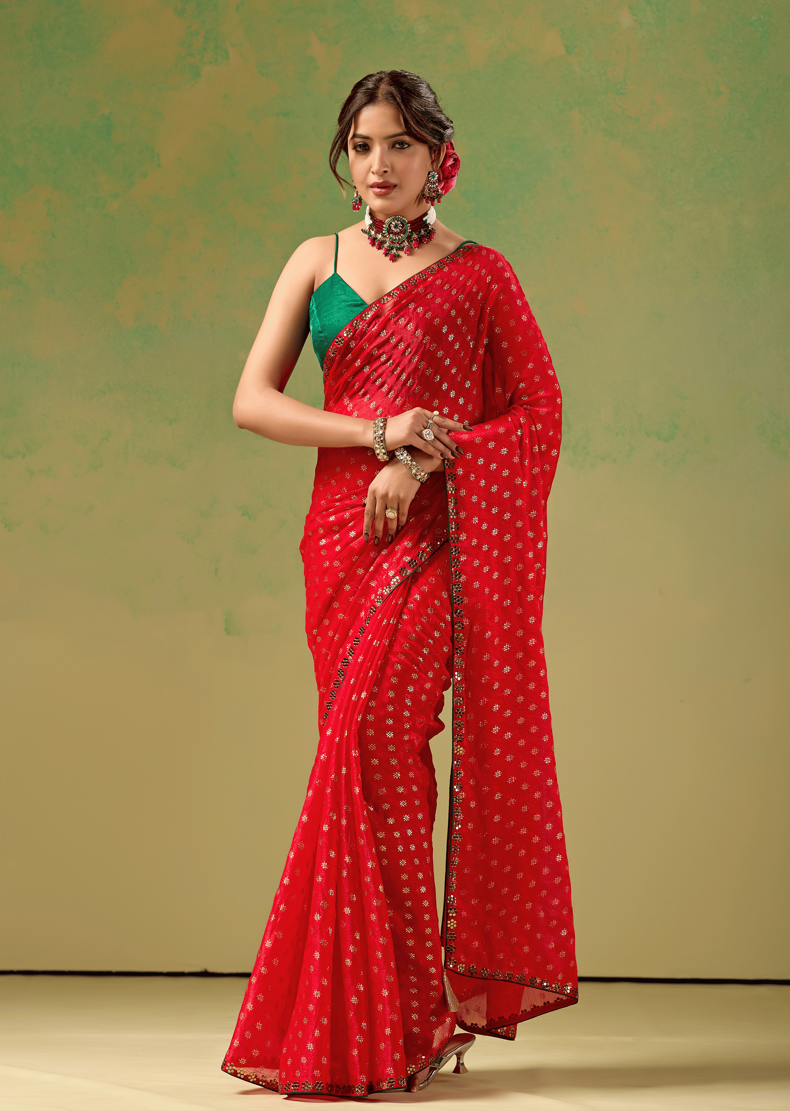 Red Tissue Silk Saree With Foil Butti Print