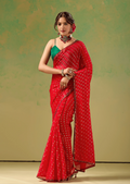 Red Tissue Silk Saree With Foil Butti Print - Front Look | Buy On Ethnic9