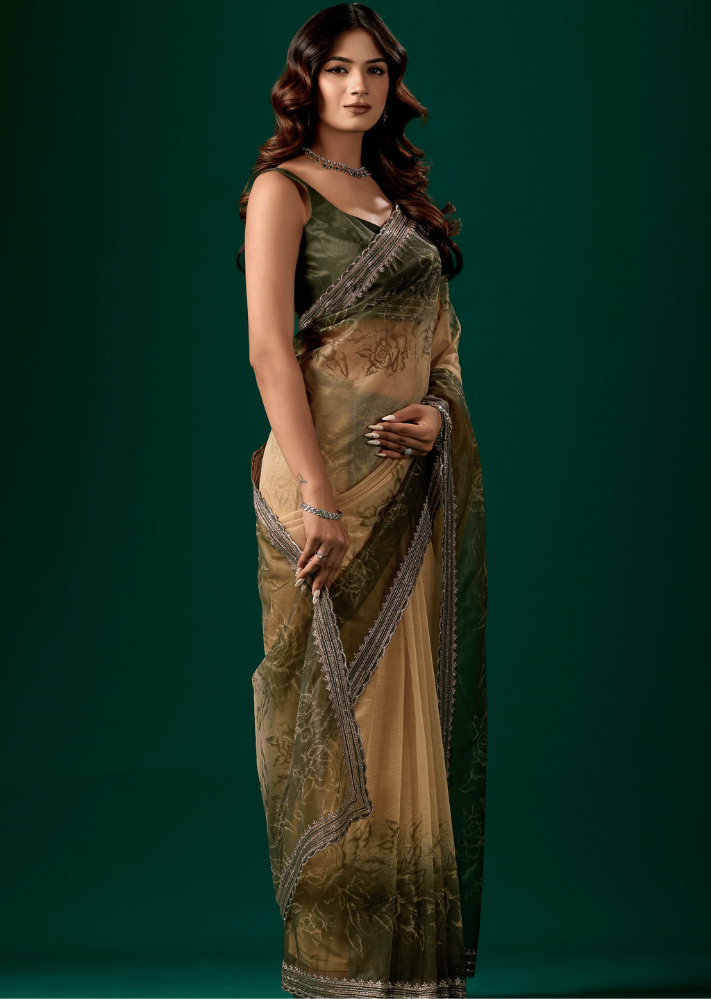  Olive Green Organza Saree Standing Look - Party Wear Saree