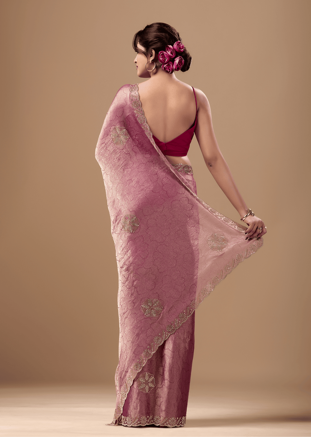 Rose Pink Jacquard Saree With Handcrafted Stone Border