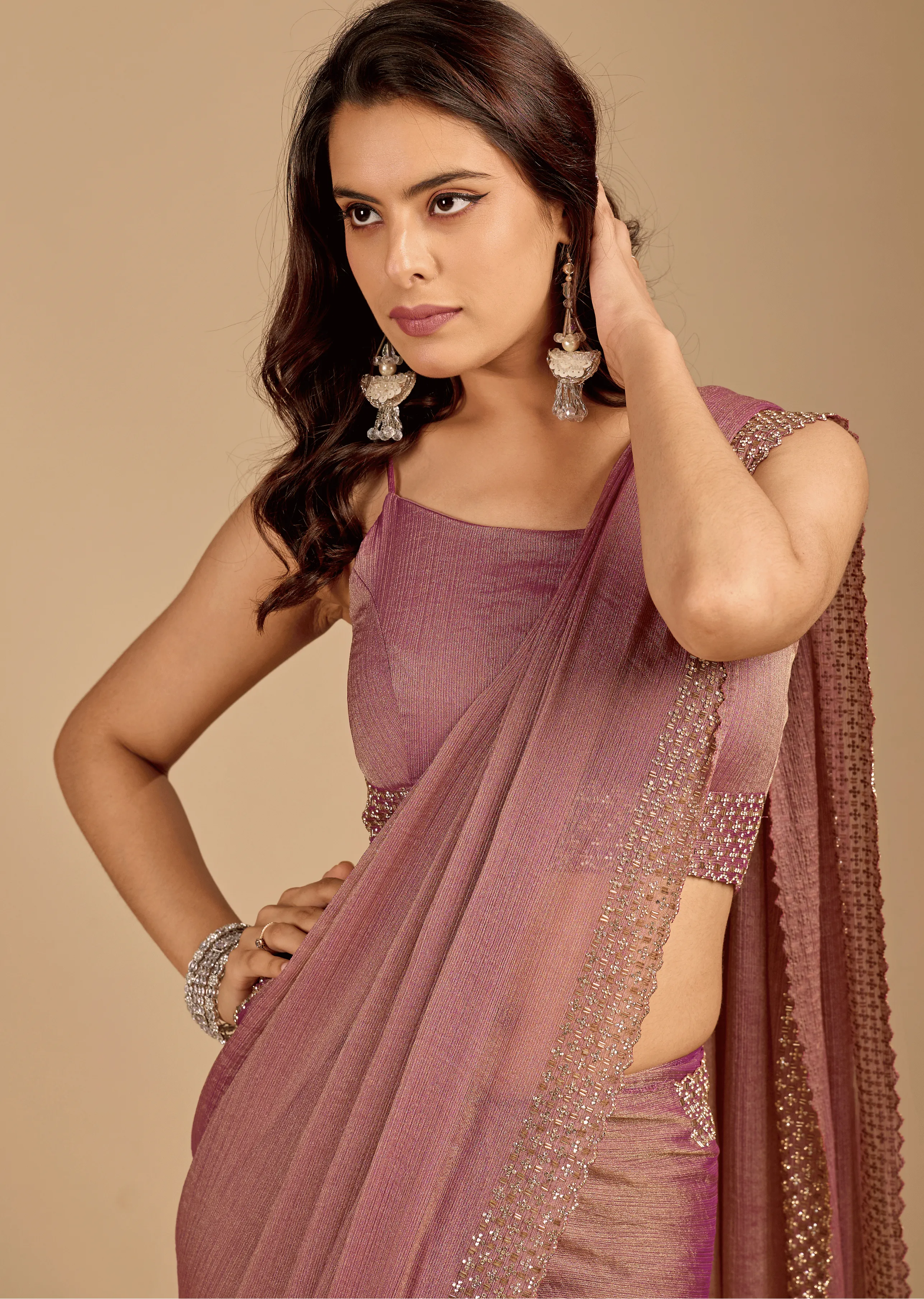 Dusty Pink Soft Silk Saree Standing Look - Party Wear Saree