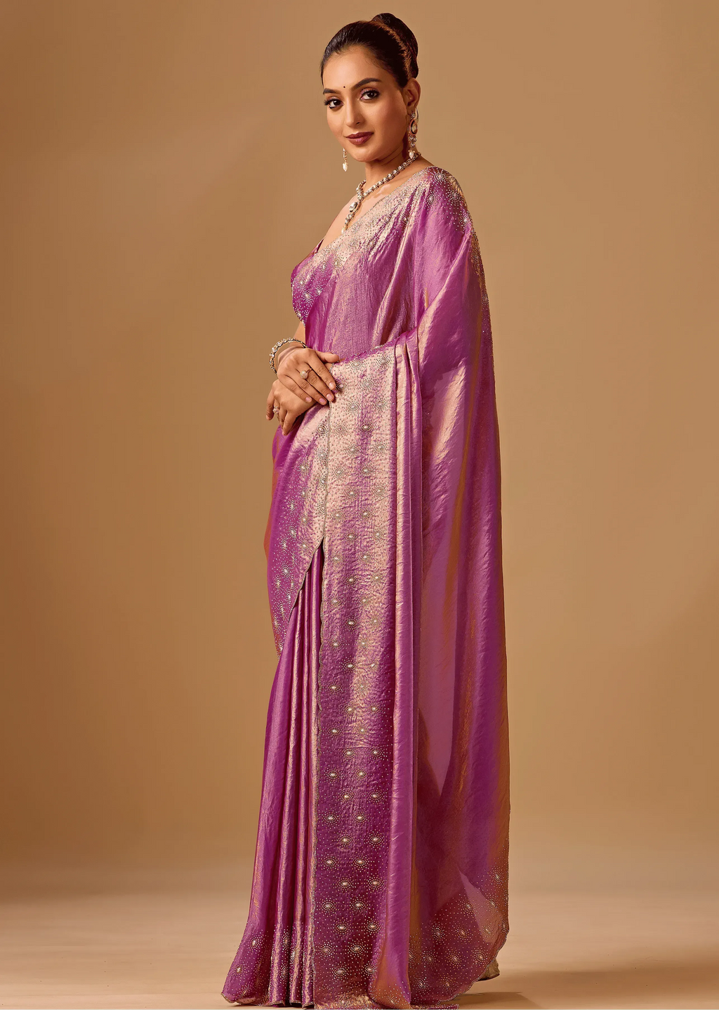 Orchid Purple Tissue Silk Saree With Stone Embroidery - Photo 7 | Buy Online Ethnic9